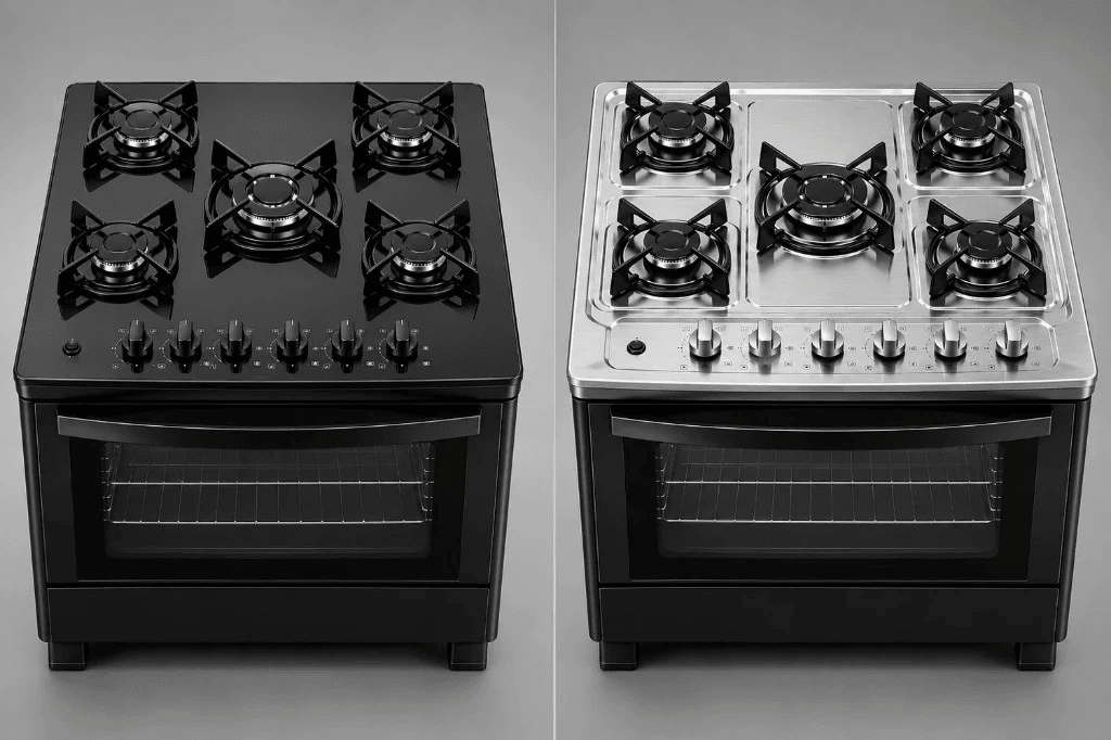Comparação técnica entre fogão com mesa de vidro temperado preto à esquerda e fogão com mesa de inox escovado com rebaixos à direita, mesma configuração de bocas e trempes, fundo neutro