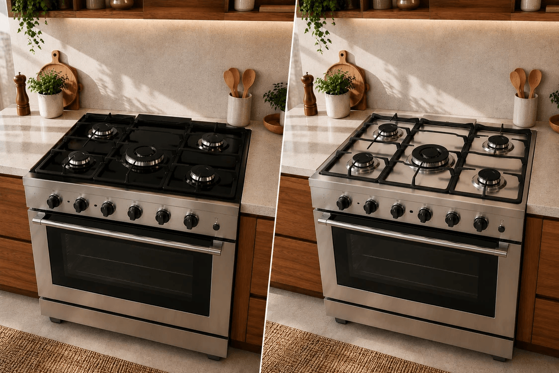 Comparativo entre fogão com mesa de vidro temperado preto, à esquerda, e fogão com mesa de inox, à direita, em cozinha moderna com bancada clara e iluminação natural.