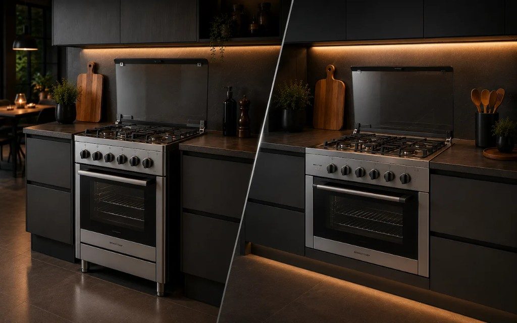 Comparação entre fogão de piso com pés e fogão embutido na bancada, ambos em inox com mesa de vidro em cozinha escura.