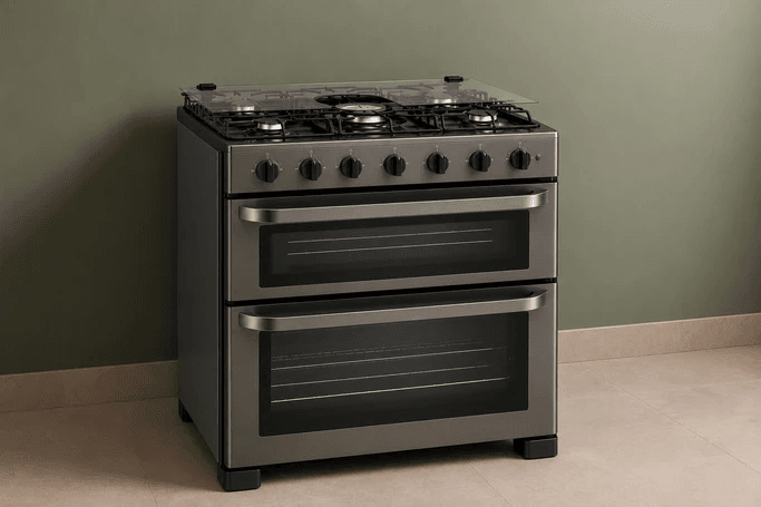 Fogão a gás de cinco bocas com forno duplo em acabamento cinza escuro, cooktop com tampa de vidro e dois compartimentos de forno com portas de vidro.