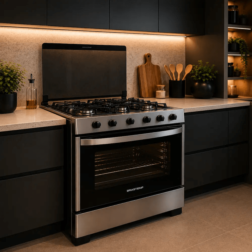 Cozinha moderna em tons neutros com fogão a gás de piso preto de cinco bocas, armários cinza e bancada branca.