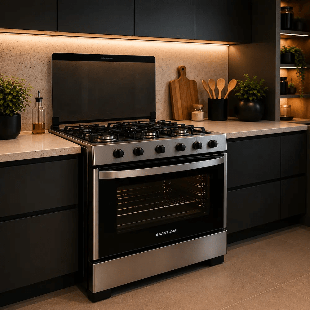 Linha de fogões 5 bocas em cozinha planejada, destacando modelos para comparação de custo-benefício em 2026