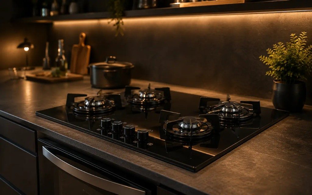 Cooktop de quatro bocas com mesa de vidro temperado embutido em bancada escura, cozinha moderna com iluminação quente sob a prateleira.