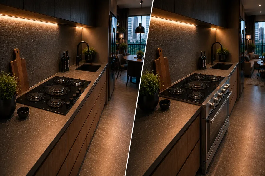 Cooktop à esquerda e fogão de embutir à direita na mesma cozinha escura