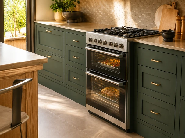Fogão com forno duplo em inox integrado a cozinha com armários verdes, bancada clara e azulejo hexagonal, fornos acesos com preparos em andamento.