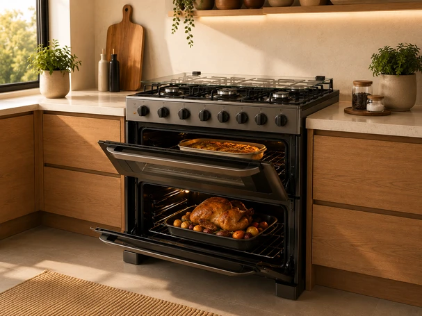Fogão com forno duplo em cozinha moderna, com os dois compartimentos em uso ao mesmo tempo: assado no forno principal e preparo paralelo no forno auxiliar, portas abertas e iluminação interna visível.