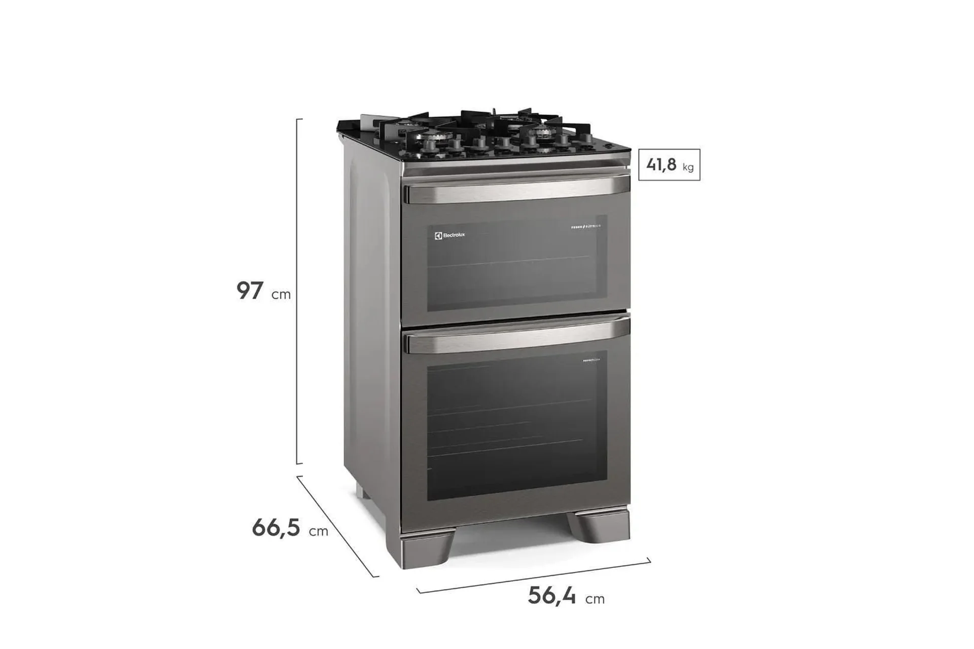 Fogão com forno duplo em vista lateral com indicação de altura, largura e profundidade para conferência de gabarito.