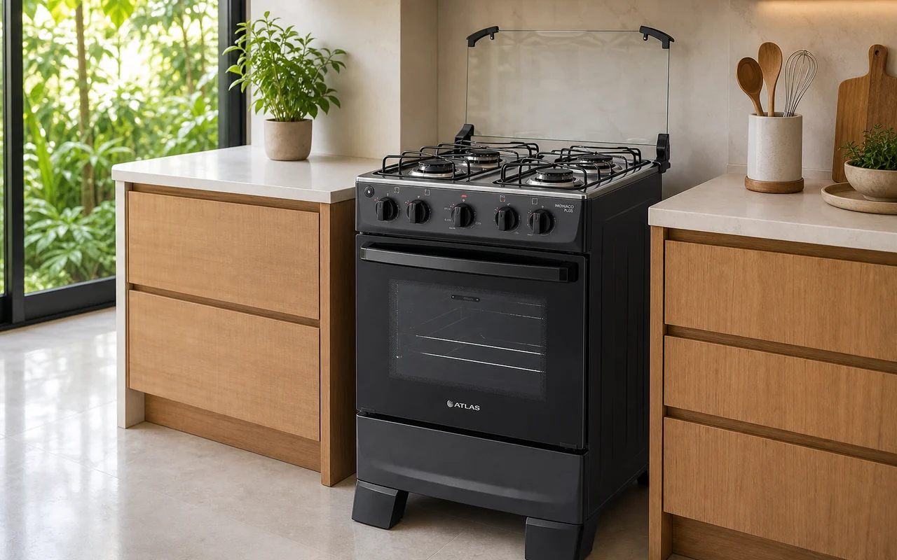 Fogão Atlas Mônaco Plus preto com mesa inox em cozinha moderna.