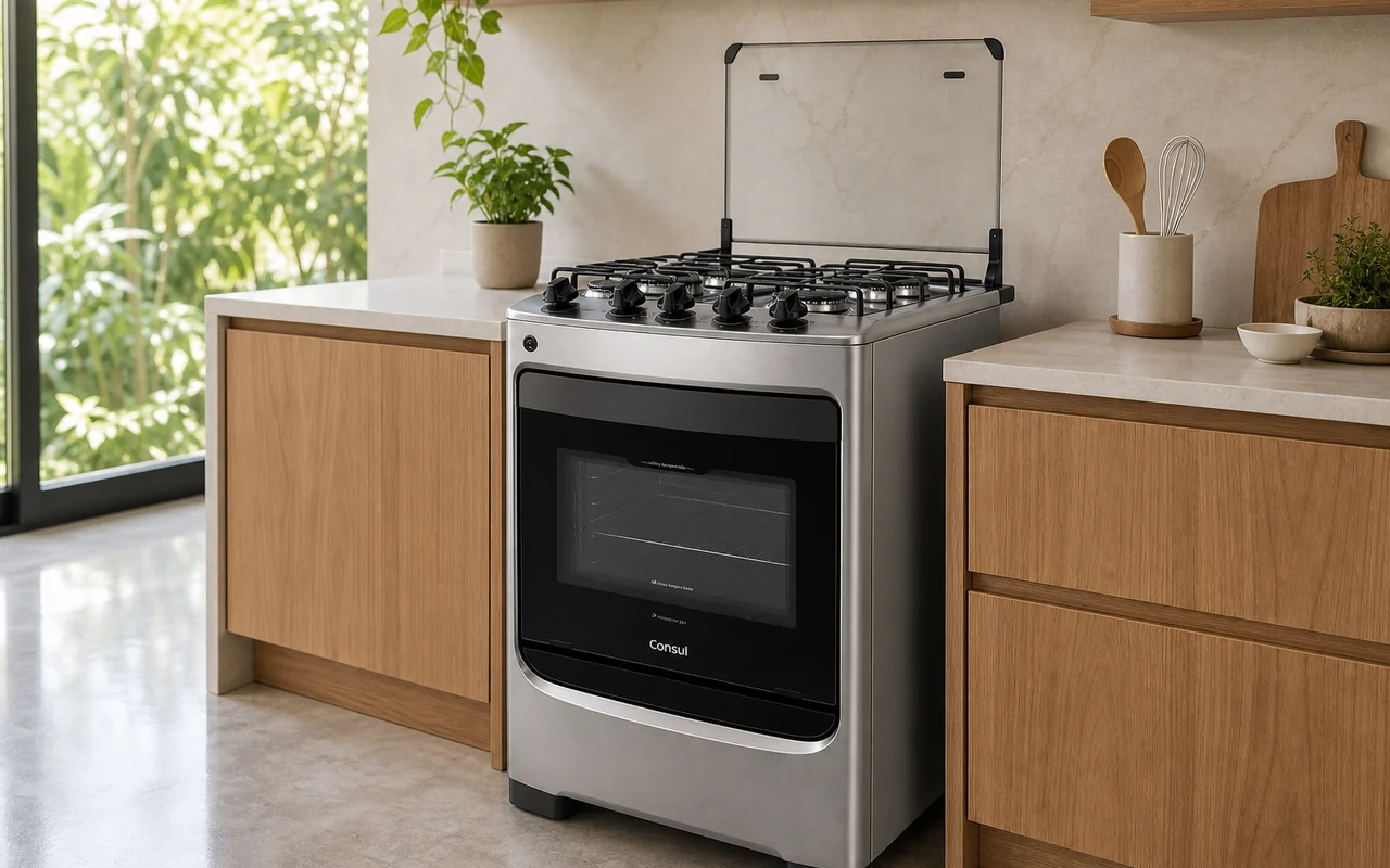 Fogão Consul com mesa inox em cozinha moderna — tampo metálico e presença mais robusta