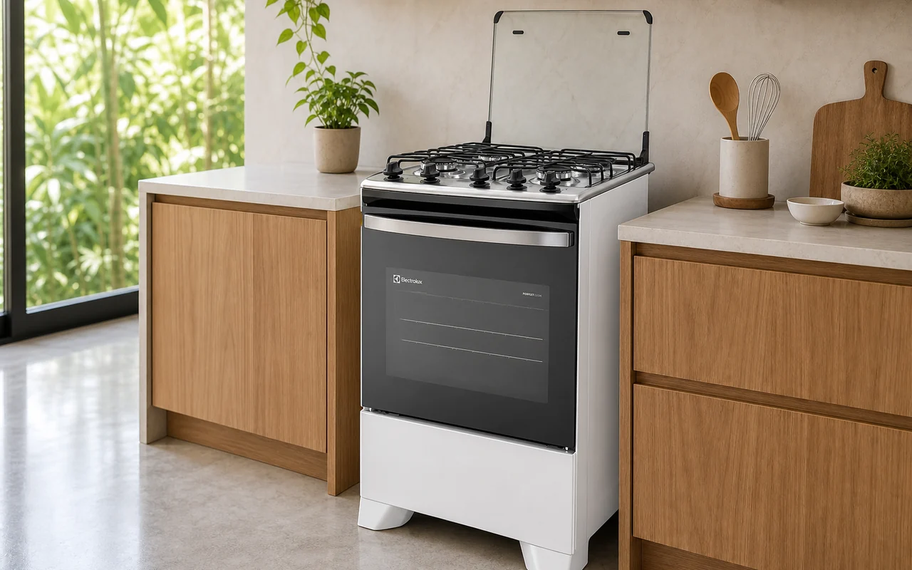 Fogão Electrolux Efficient FE4IW branco com mesa inox em cozinha moderna.