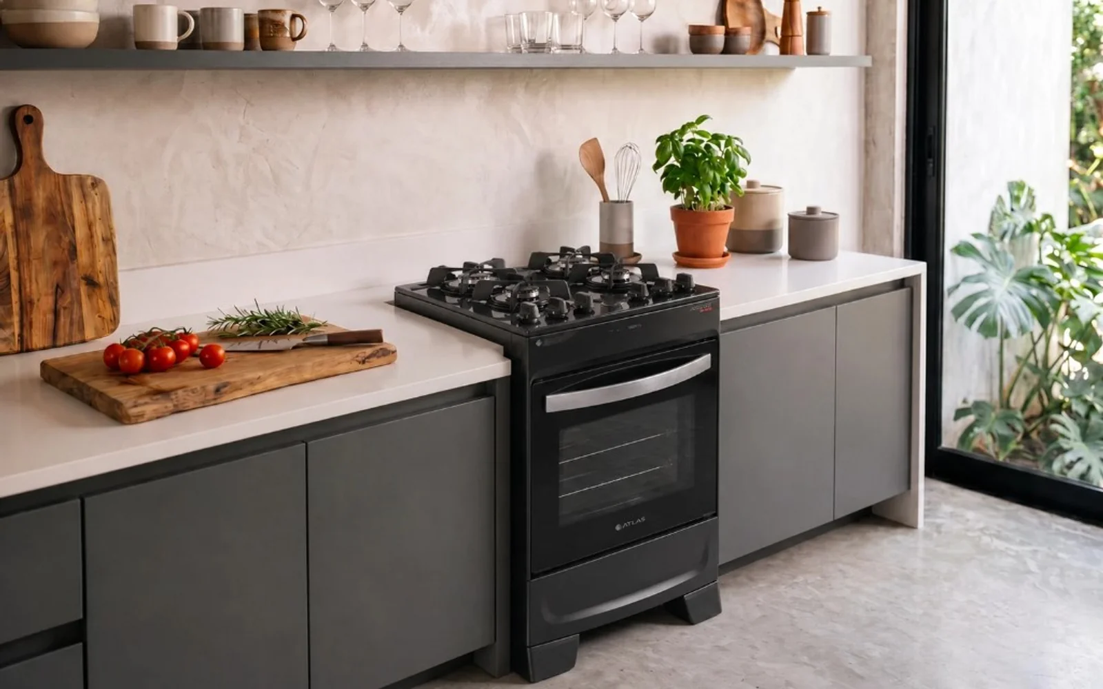 Fogão Atlas Atenas Glass (Top Glass) preto com mesa de vidro temperado em cozinha moderna.