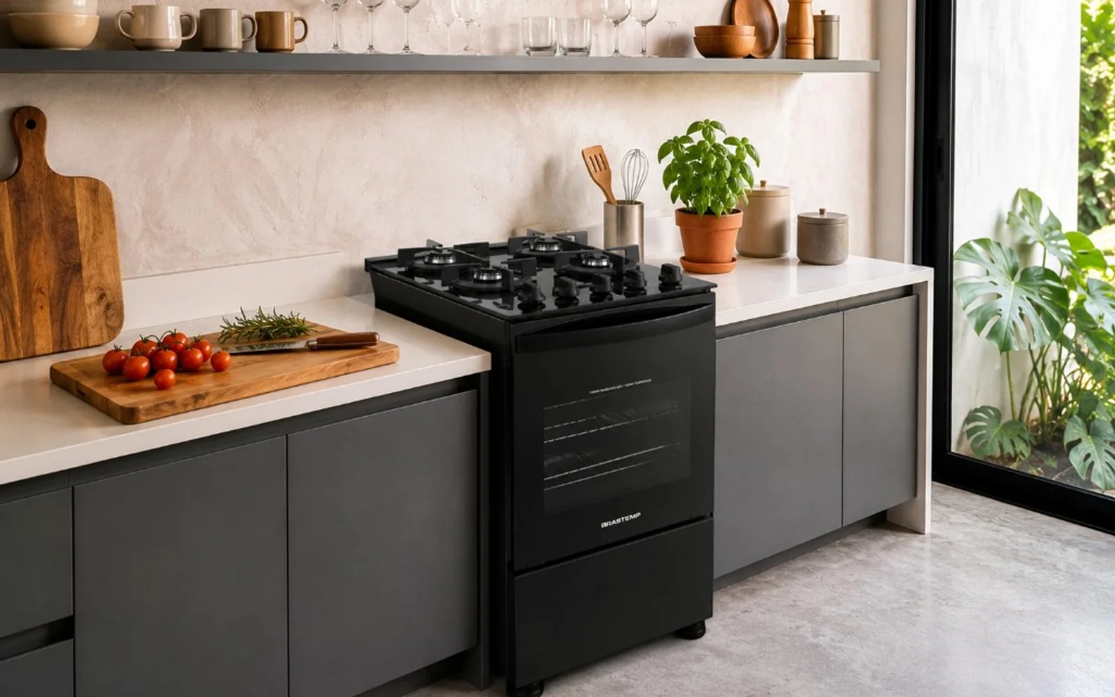 Fogão Brastemp BFO4VAE preto com mesa de vidro e grades duplas de ferro fundido em cozinha moderna.