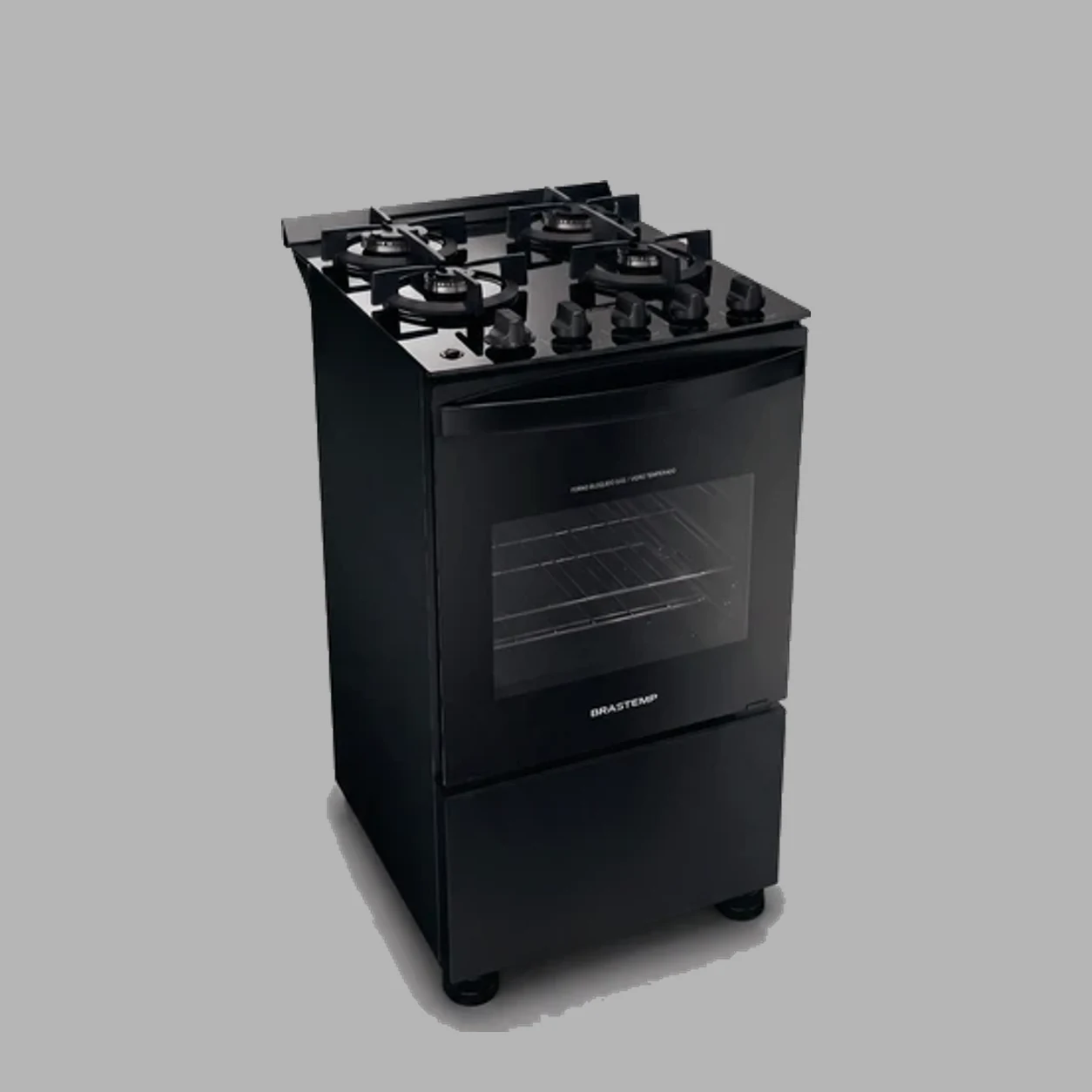 Fogão Brastemp BFO4VAE preto com mesa de vidro e grades duplas