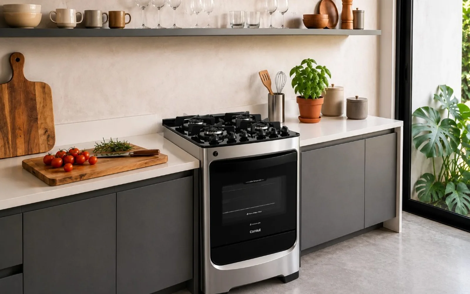 Fogão Consul com mesa de vidro temperado preto em cozinha moderna — superfície contínua e visual mais leve